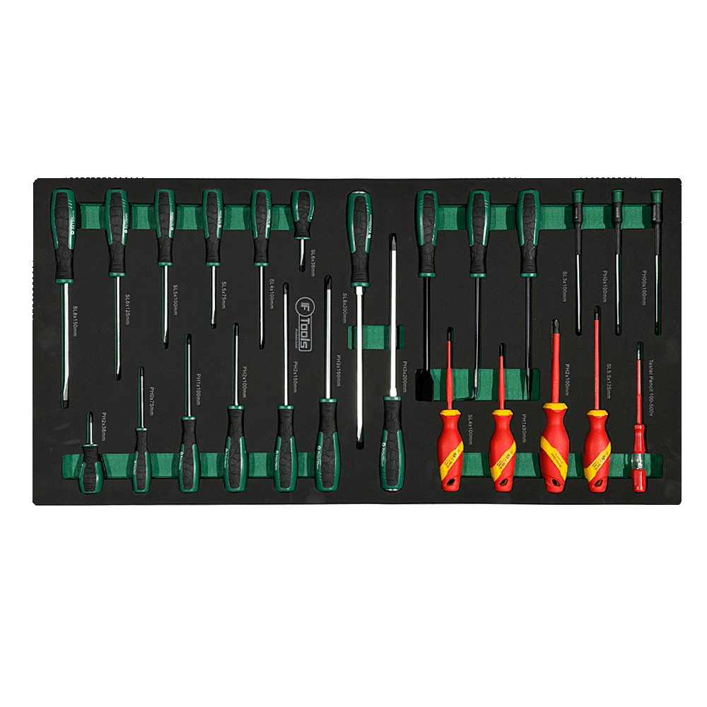 Workshop drawer insert containing FTools standard SL and PH screwdrivers precision drivers red VDE isolated screwdrivers and a voltage tester.