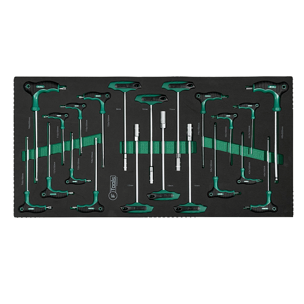 A collection of FTools T-handle Torx HEX and metric socket keys with green and black ergonomic grips organized inside a tool drawer.