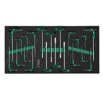 A collection of FTools T-handle Torx HEX and metric socket keys with green and black ergonomic grips organized inside a tool drawer.