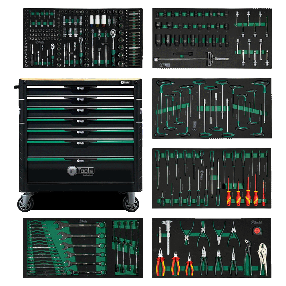 Black FTools FT1013 professional workshop tool cabinet with a solid wood worktop shown alongside six green-accented EVA foam tool trays.