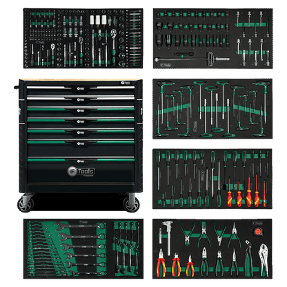 Black FTools FT1013 professional workshop tool cabinet with a solid wood worktop shown alongside six green-accented EVA foam tool trays.
