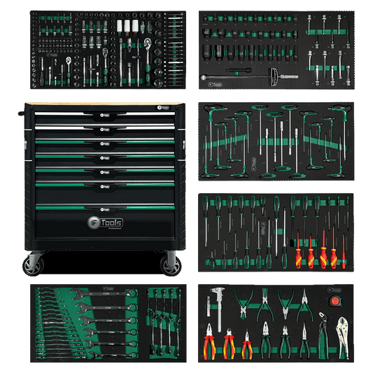 Black FTools FT1013 professional workshop tool cabinet with a solid wood worktop shown alongside six green-accented EVA foam tool trays.