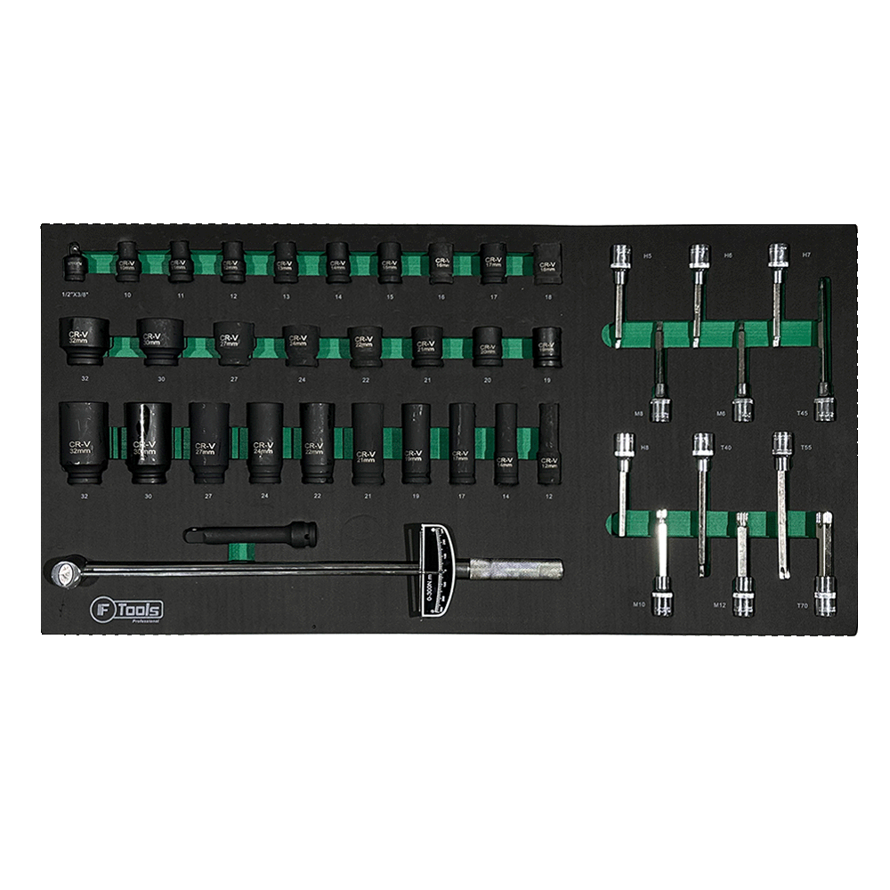 Professional FTools 1/2 inch drive torque wrench shown alongside short and deep black impact sockets and impact bit-sockets in a foam tray.