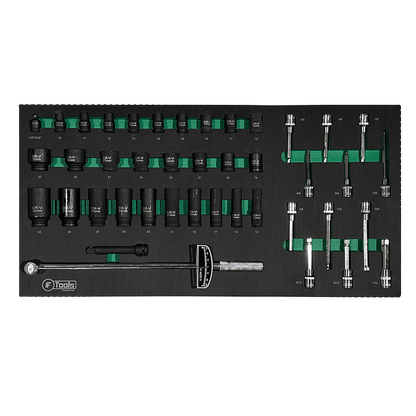 Professional FTools 1/2 inch drive torque wrench shown alongside short and deep black impact sockets and impact bit-sockets in a foam tray.