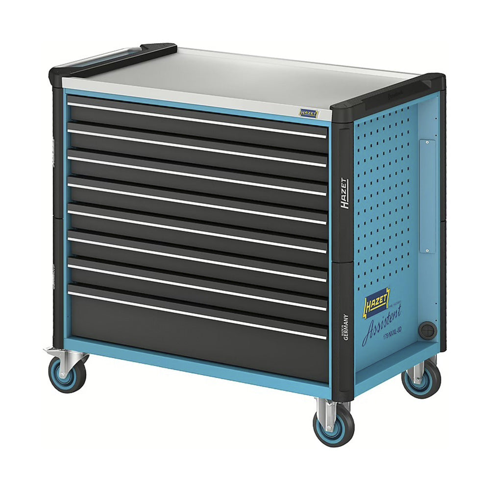 HAZET 179NXXL-8D tool trolley front view showing 8 closed black drawers and stainless steel worktop.