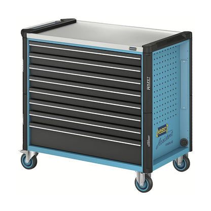 HAZET 179NXXL-8D tool trolley front view showing 8 closed black drawers and stainless steel worktop.