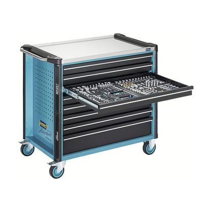 HAZET 179NXXL-8D tool trolley with one open drawer filled with a professional socket set.