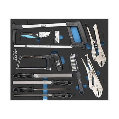 Hacksaw, grip pliers, files and workshop knife in HAZET 163D-11/11 foam inlay.