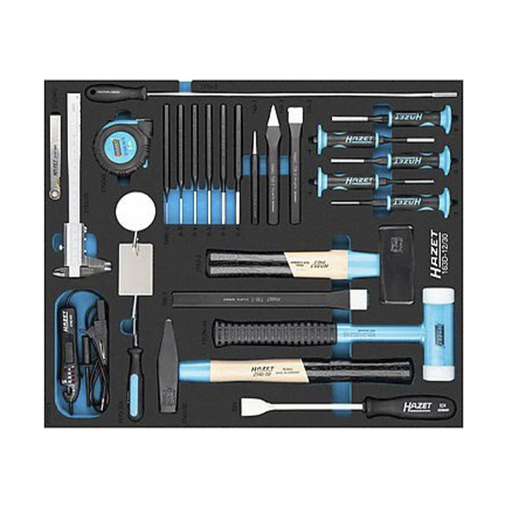 Hammers, chisels, punches, tape measure and caliper arranged in HAZET 163D-12/30 foam inlay.