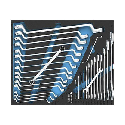 Offset ring spanners and double open-end spanners in two-colour HAZET SIS tool inlay.
