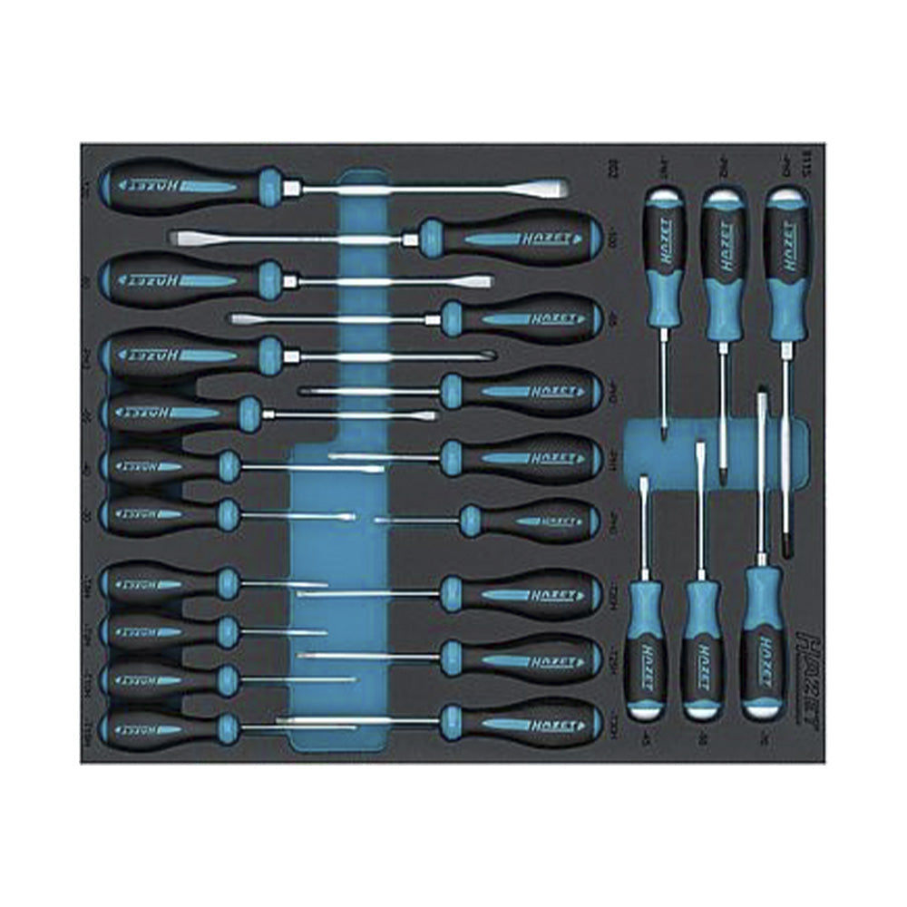 HAZET screwdrivers in SIS foam inlay, including slotted, PH and Torx handle screwdrivers.