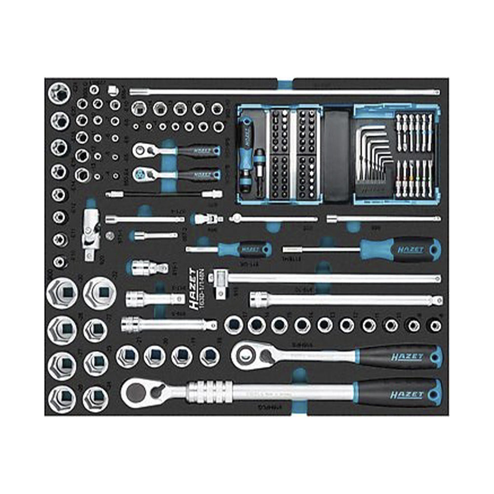 Professional 1/4 and 1/2 inch socket set with ratchets and bits in HAZET 163D-1/148N inlay.