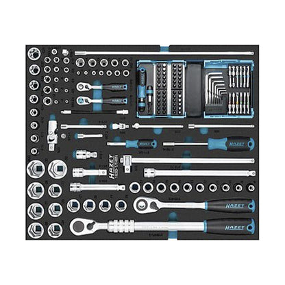 Professional 1/4 and 1/2 inch socket set with ratchets and bits in HAZET 163D-1/148N inlay.