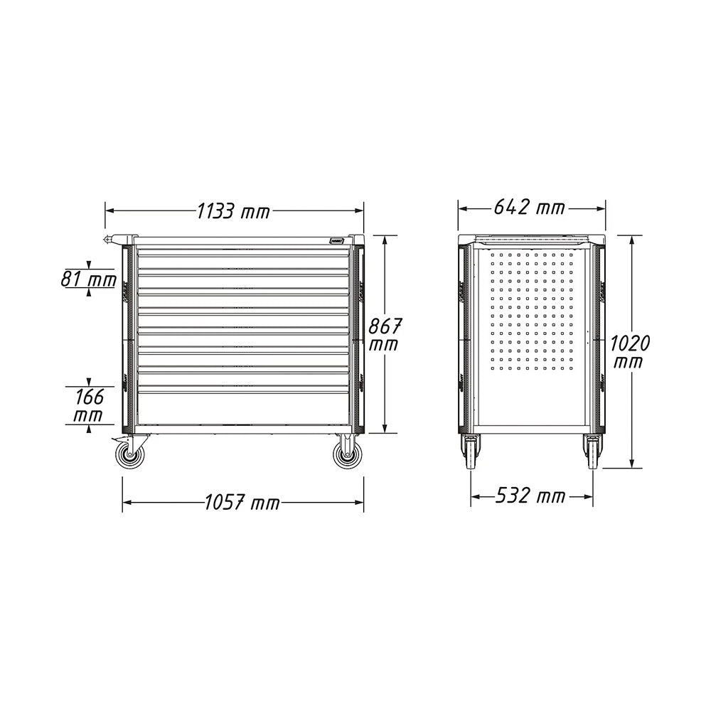 Technical drawing of the HAZET tool trolley with overall body dimensions and drawer depth.