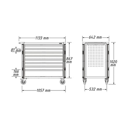 Technical drawing of the HAZET tool trolley with overall body dimensions and drawer depth.
