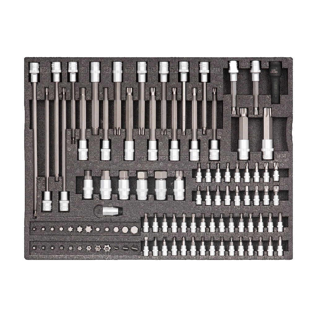 Jungwille Francorchamps tool cabinet tray insert loaded with a comprehensive collection of Torx, Spline, and HEX bit sockets.