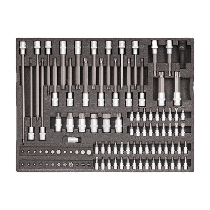 Jungwille Francorchamps tool cabinet tray insert loaded with a comprehensive collection of Torx, Spline, and HEX bit sockets.