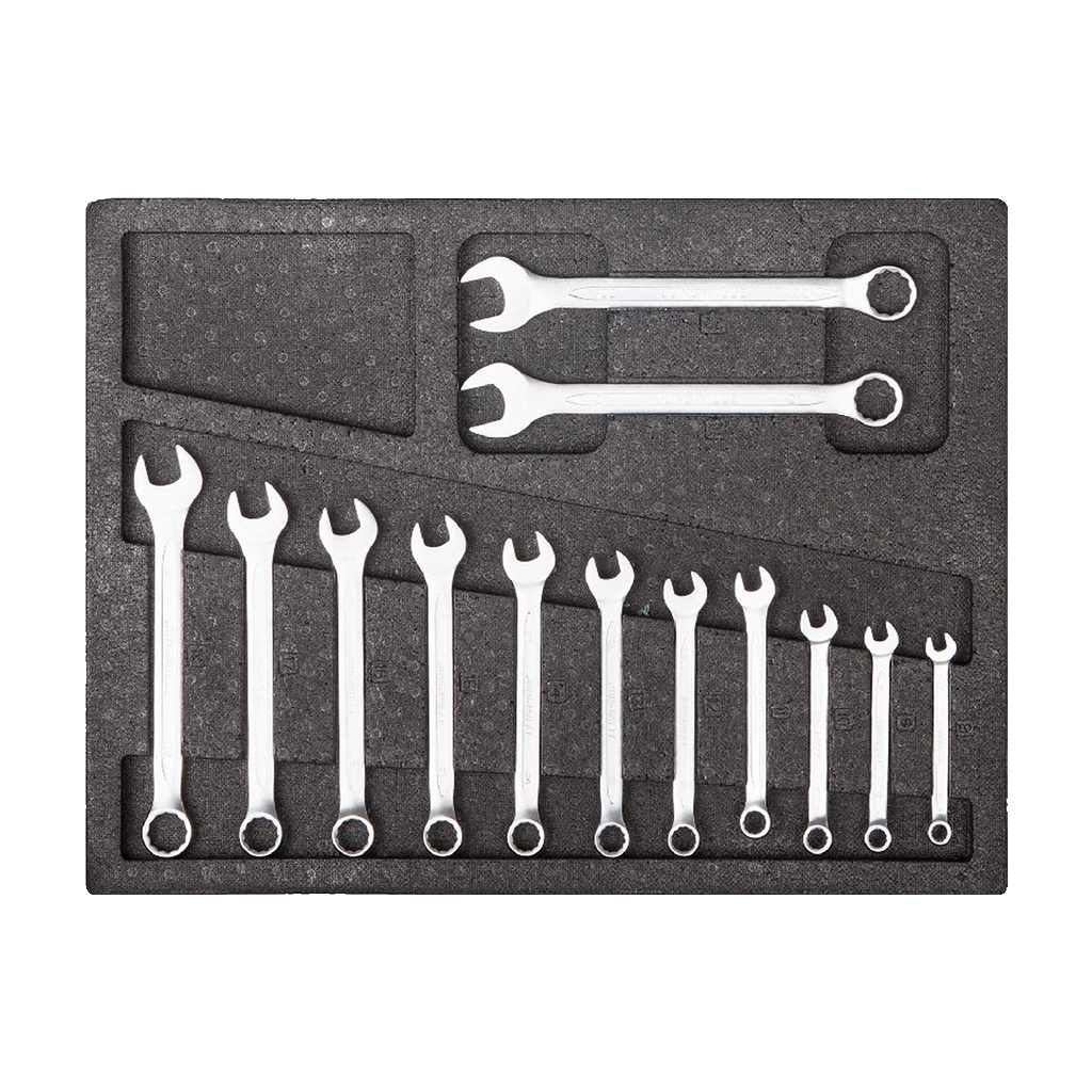 Jungwille Francorchamps tool cabinet tray insert displaying a metric set of open-ended combination wrenches.