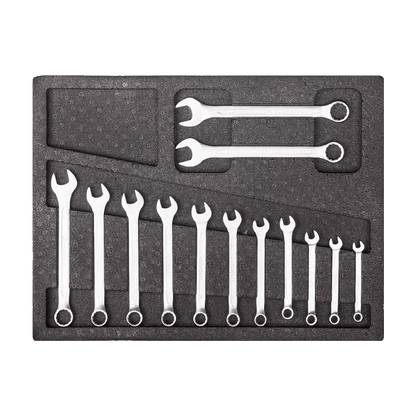 Jungwille Francorchamps tool cabinet tray insert displaying a metric set of open-ended combination wrenches.