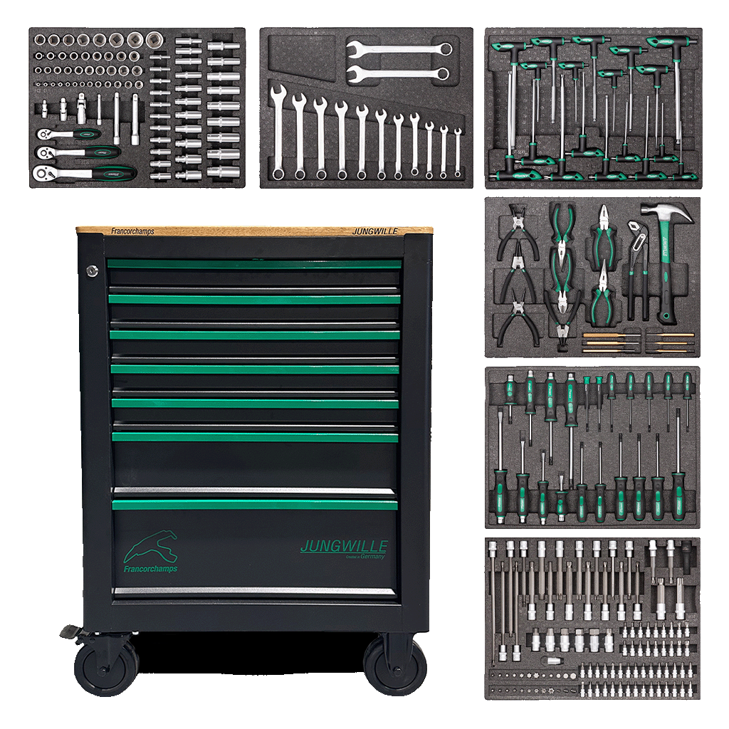 Jungwille Francorchamps tool cabinet shown alongside six tool-filled EVA foam trays on a black background.
