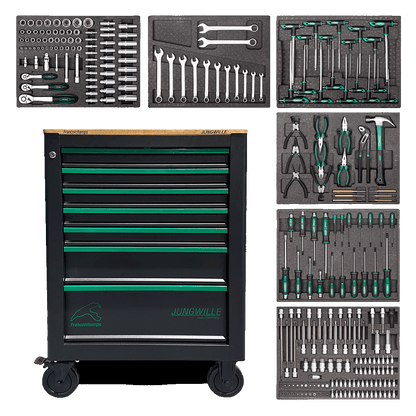 Jungwille Francorchamps tool cabinet shown alongside six tool-filled EVA foam trays on a black background.