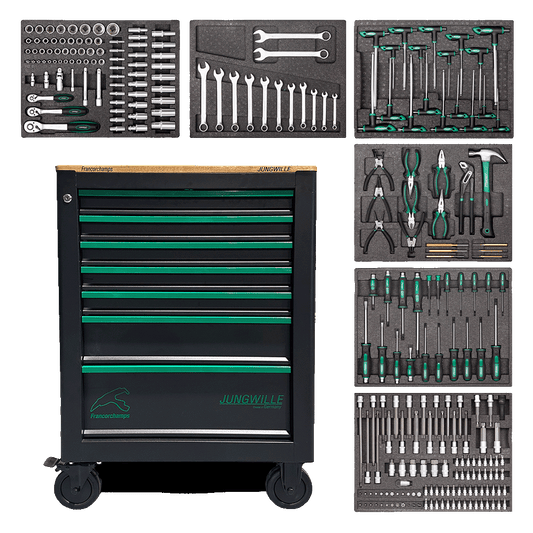 Jungwille Francorchamps tool cabinet shown alongside six tool-filled EVA foam trays on a black background.