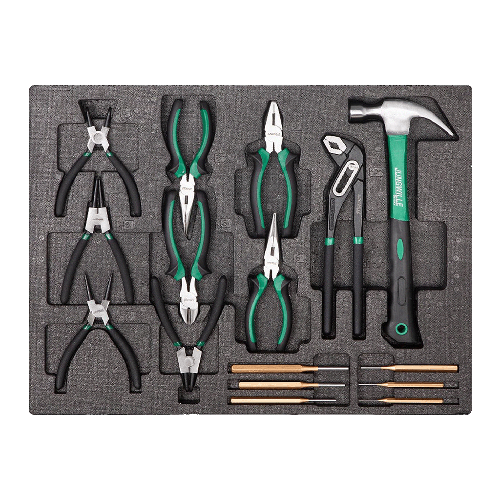 Jungwille Francorchamps tool cabinet tray insert containing pliers, wire cutters, a claw hammer, and pin punches.