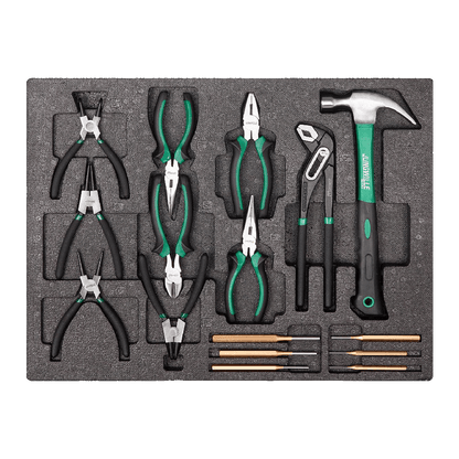 Jungwille Francorchamps tool cabinet tray insert containing pliers, wire cutters, a claw hammer, and pin punches.