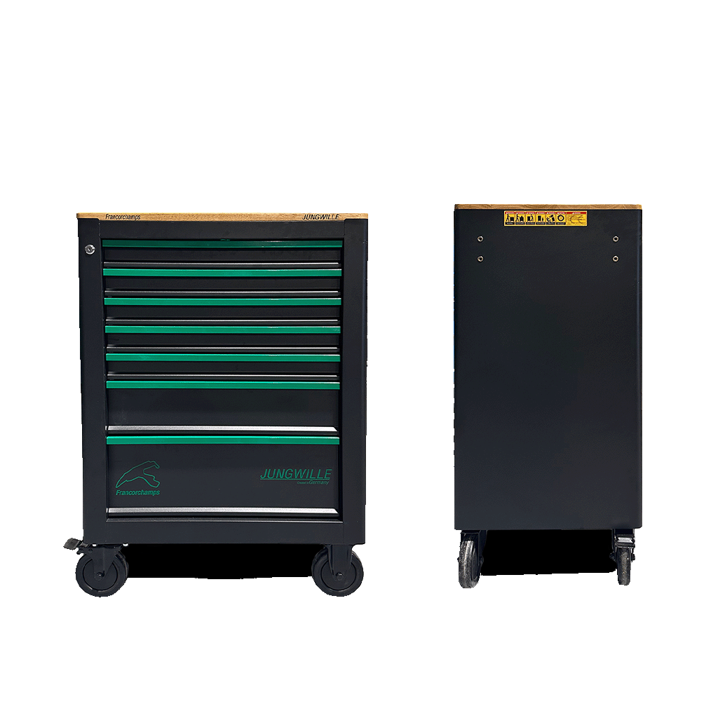Jungwille Francorchamps tool cabinet with green drawers presented from the front and the plain back profile.