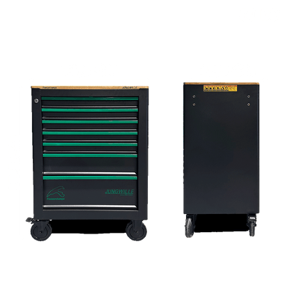 Jungwille Francorchamps tool cabinet with green drawers presented from the front and the plain back profile.