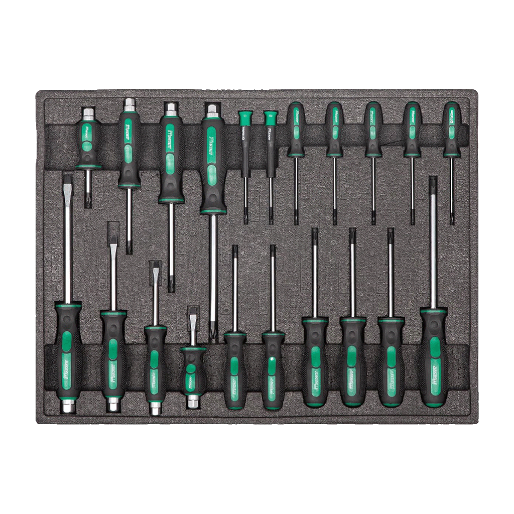 Jungwille Francorchamps tool cabinet tray insert packed with a full set of flat, Phillips, and Torx screwdrivers.