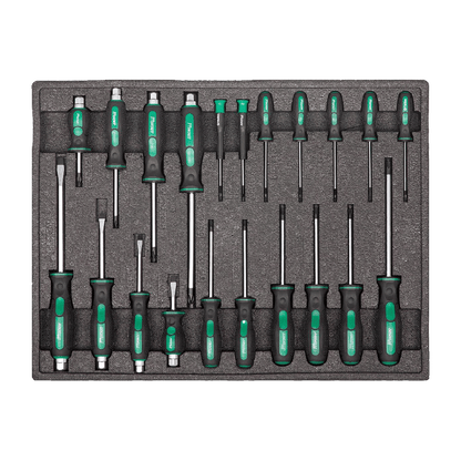 Jungwille Francorchamps tool cabinet tray insert packed with a full set of flat, Phillips, and Torx screwdrivers.