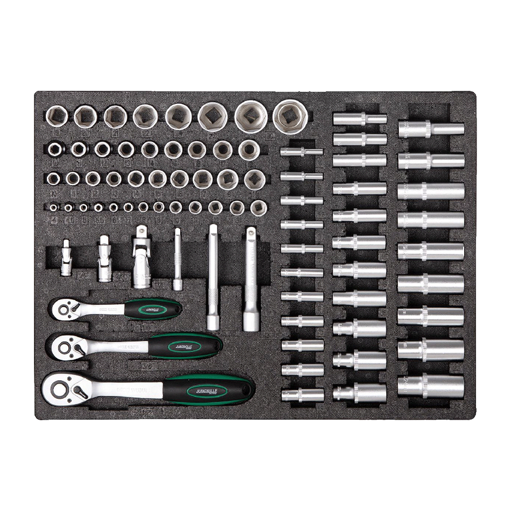 Jungwille Francorchamps tool cabinet tray insert containing drive ratchets, extensions, universal joints, and sockets.