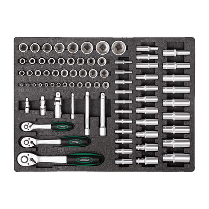 Jungwille Francorchamps tool cabinet tray insert containing drive ratchets, extensions, universal joints, and sockets.