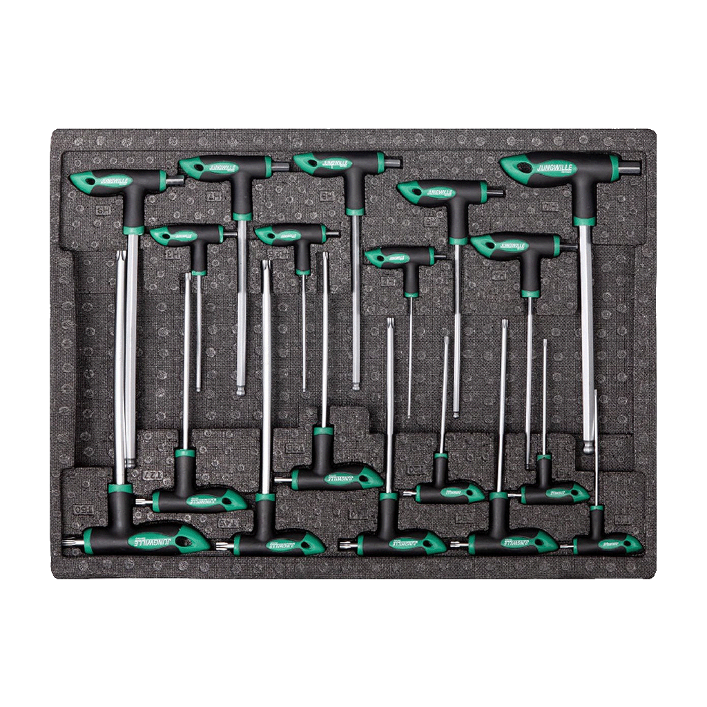 Jungwille Francorchamps tool cabinet tray insert holding green and black ergonomic T-handle Torx and HEX keys.