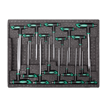 Jungwille Francorchamps tool cabinet tray insert holding green and black ergonomic T-handle Torx and HEX keys.