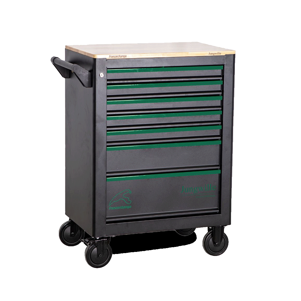 Jungwille Francorchamps tool cabinet with a wooden top work surface and a side handle, viewed from an angle.