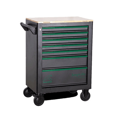 Jungwille Francorchamps tool cabinet with a wooden top work surface and a side handle, viewed from an angle.