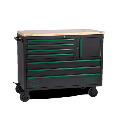 Jungwille Hockenheim tool cabinet lower base unit featuring eight green-trimmed drawers and a wooden worktop.