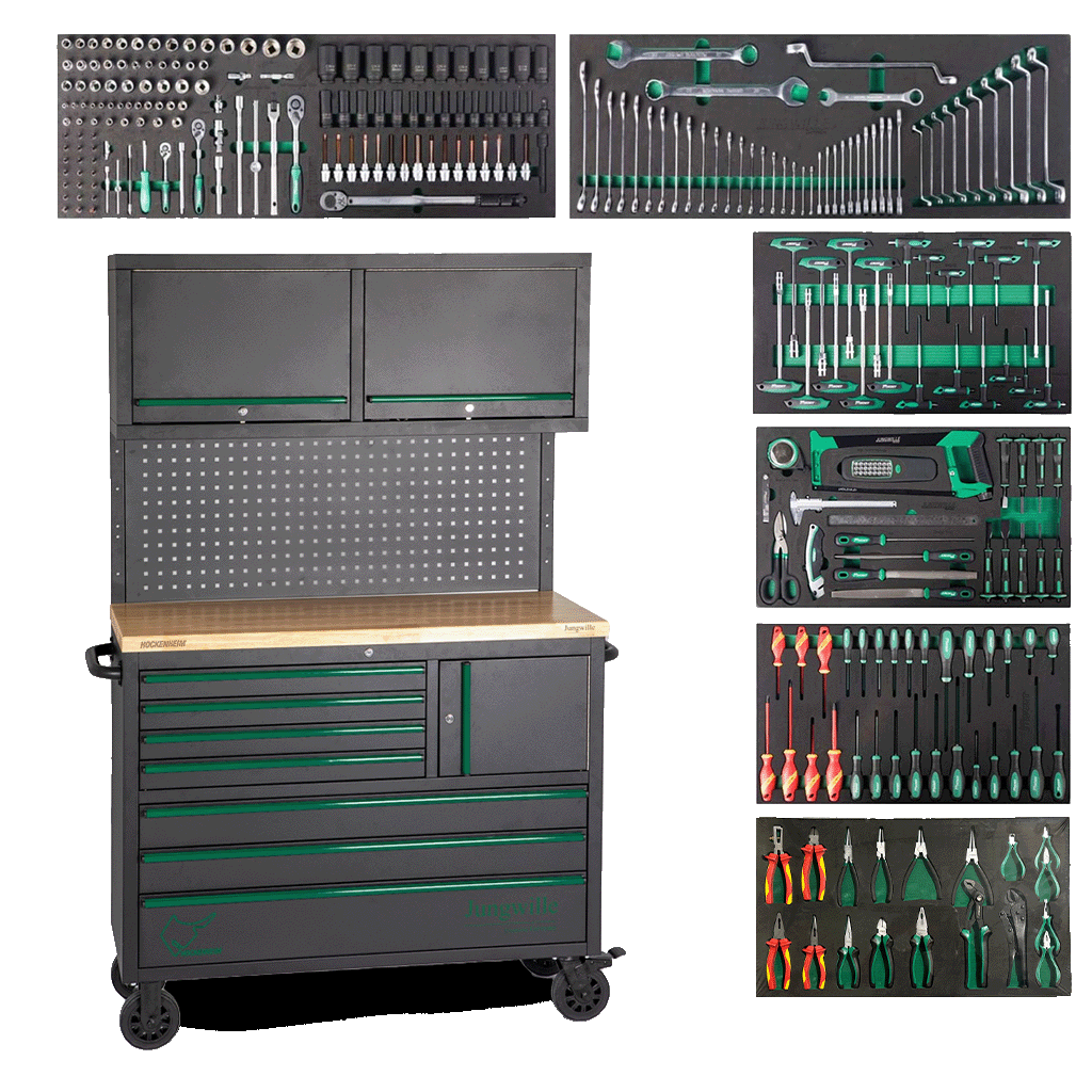 Jungwille Hockenheim tool cabinet system with a pegboard and upper shelves surrounded by six tool-filled EVA trays.