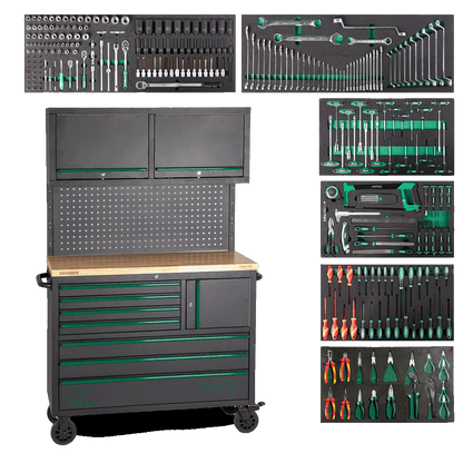 Jungwille Hockenheim tool cabinet system with a pegboard and upper shelves surrounded by six tool-filled EVA trays.