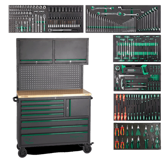 Jungwille Hockenheim tool cabinet system with a pegboard and upper shelves surrounded by six tool-filled EVA trays.