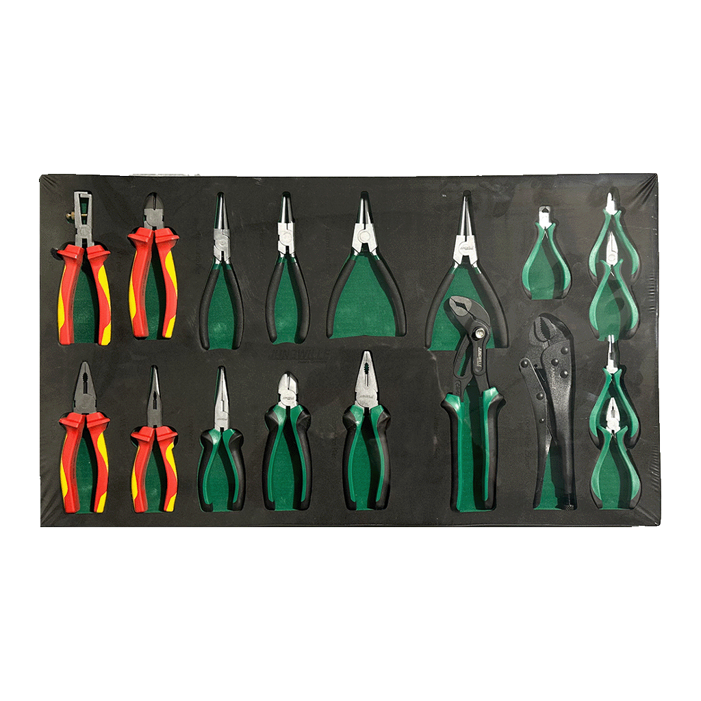 Jungwille Hockenheim tool cabinet tray insert containing insulated VDE pliers, side cutters, and locking grip pliers.