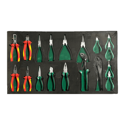 Jungwille Hockenheim tool cabinet tray insert containing insulated VDE pliers, side cutters, and locking grip pliers.