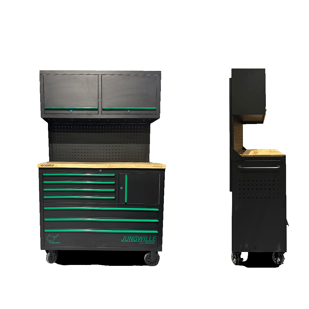 Jungwille Hockenheim tool cabinet station shown from the front and its slim profile view on a black background.