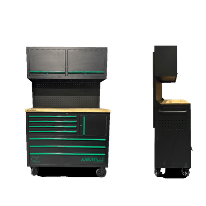Jungwille Hockenheim tool cabinet station shown from the front and its slim profile view on a black background.