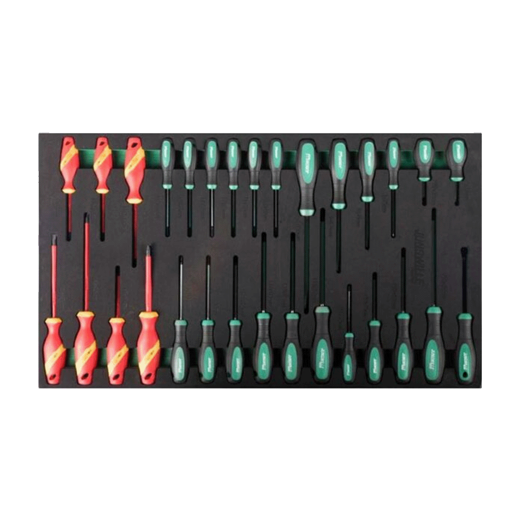 Jungwille Hockenheim tool cabinet tray insert with red VDE insulated screwdrivers and green standard screwdrivers.