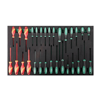 Jungwille Hockenheim tool cabinet tray insert with red VDE insulated screwdrivers and green standard screwdrivers.