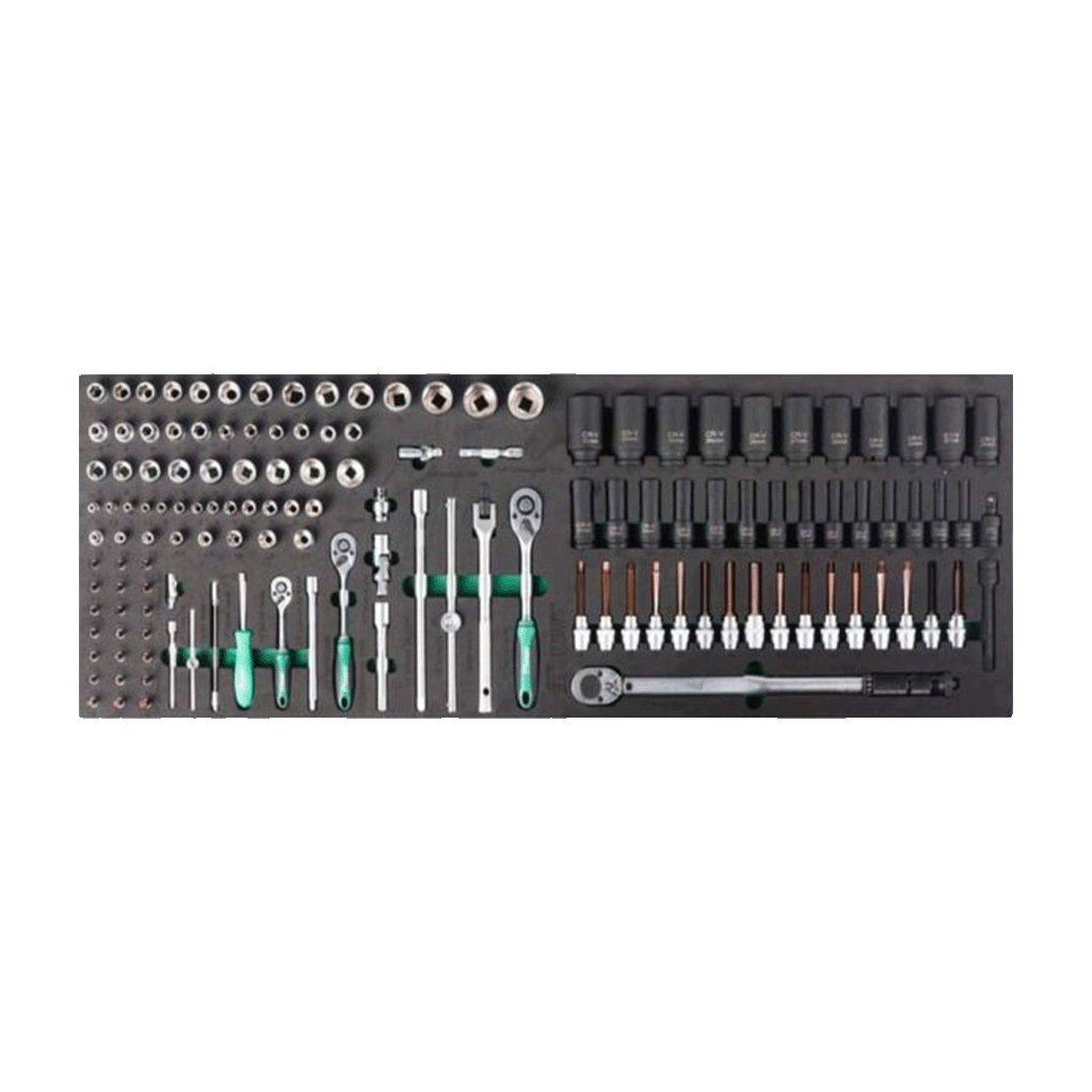 Jungwille Hockenheim tool cabinet tray insert loaded with sockets, impact extensions, ratchets, and a torque wrench.