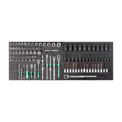Jungwille Hockenheim tool cabinet tray insert loaded with sockets, impact extensions, ratchets, and a torque wrench.